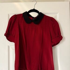 Allegra K Maroon Red Top with Black Collar